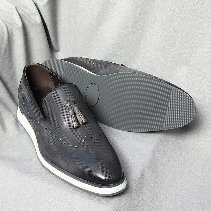 Top Grade Luxury Men's Genuine Leather Loafers | Original Stripe Rivets & Tassel Casual Flat Shoes Luxegan