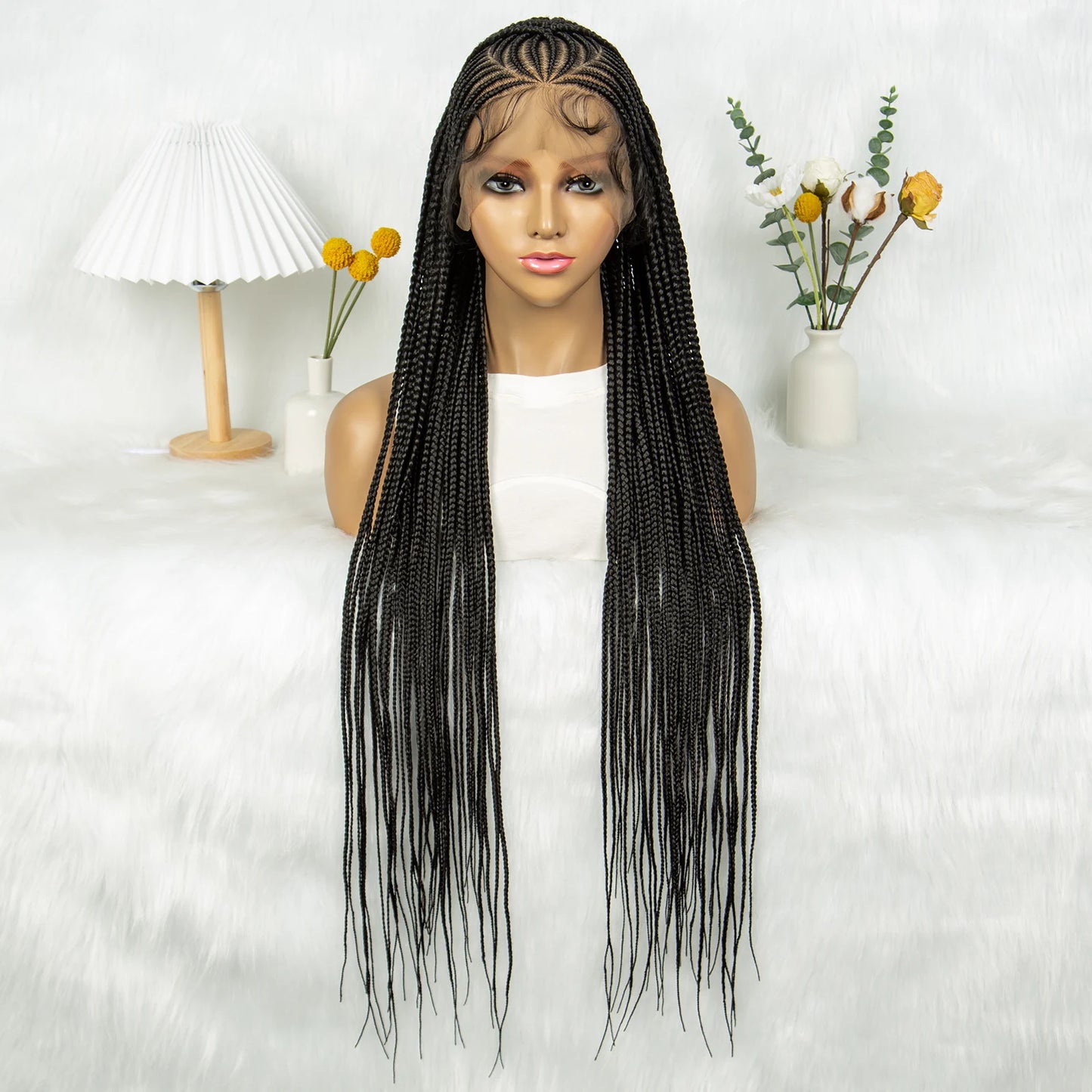 HD Transparent Full Lace Cornrow Knotless Box Braids Wig | Synthetic Goddess Braided Wig for Black Women Luxegan