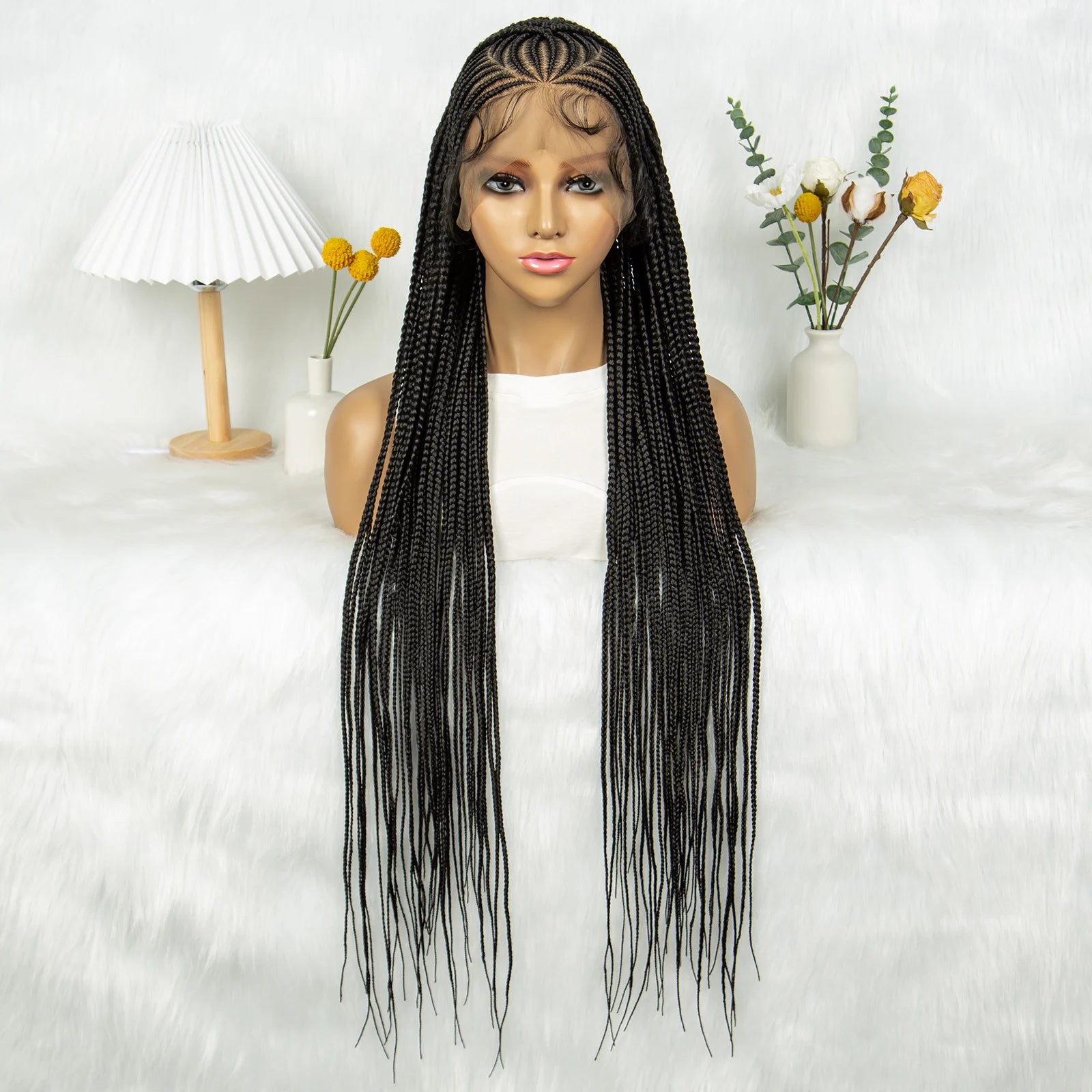 HD Transparent Full Lace Cornrow Knotless Box Braids Wig | Synthetic Goddess Braided Wig for Black Women Luxegan
