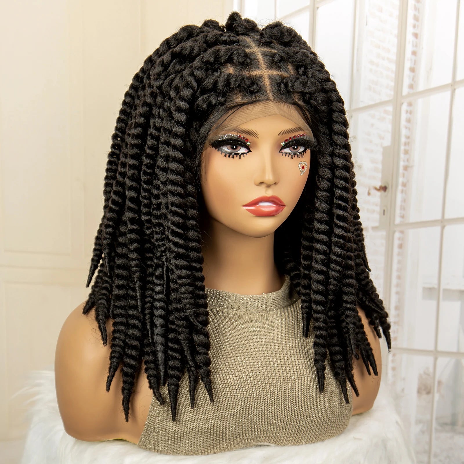 16 Inch Brown Twisted Braided Bob Wig | Full Lace | Kanekalon Fiber | For Black Women