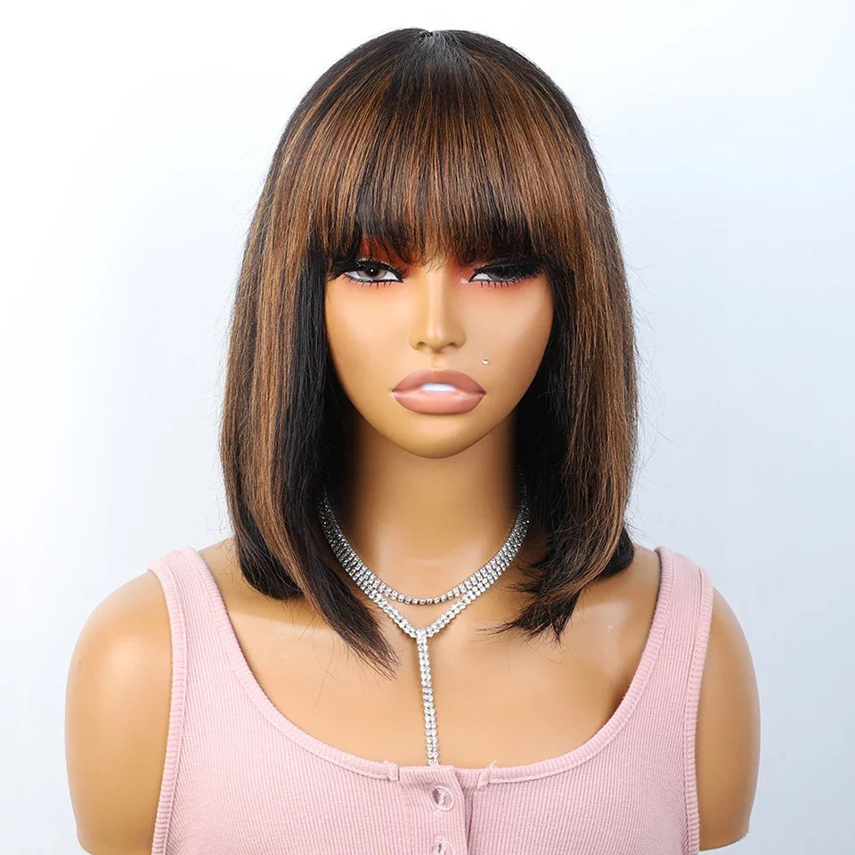 Ombre #4/27 Straight Bob Wig with Bangs | Human Hair Lace Top & Realistic Scalp Luxegan