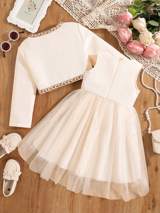 Girls' Autumn Fluffy Princess Dress | Cute White A-Line Tulle Party Gown | Three-Quarter Sleeve Knee-Length Toddler Birthday Outfit for 4-6 Years Luxegan