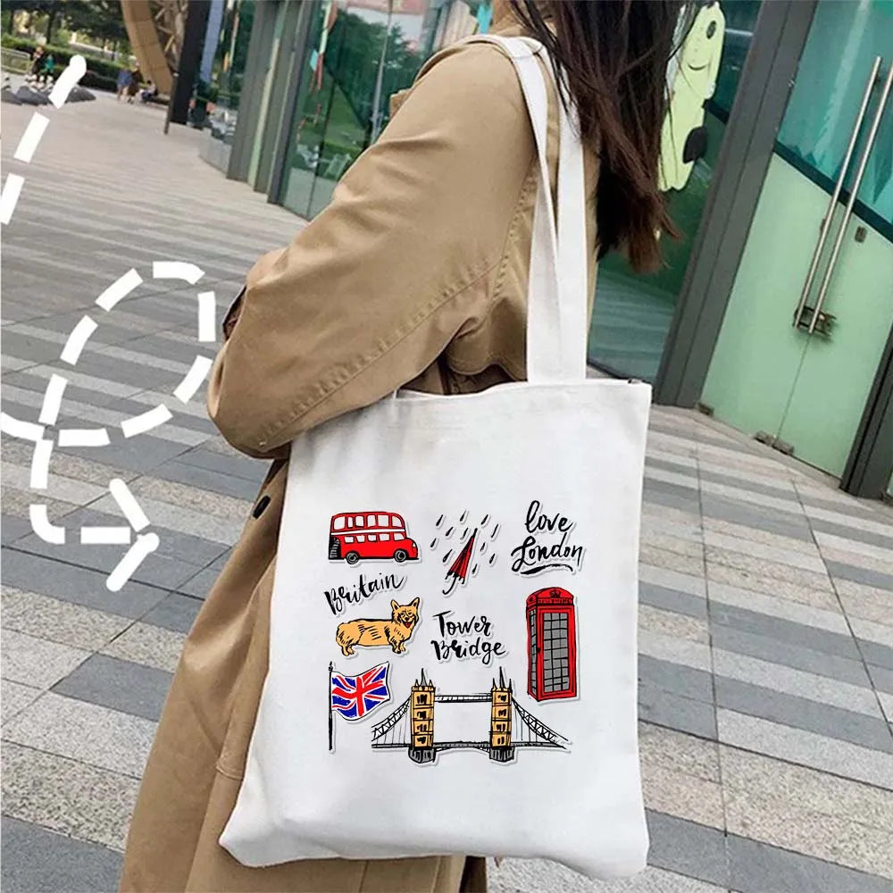 London Big Ben England Map Flag Canvas Tote Bag | UK City Landscape Skyline Shoulder Shopping Handbag (Women's Tourist Gift) Luxegan