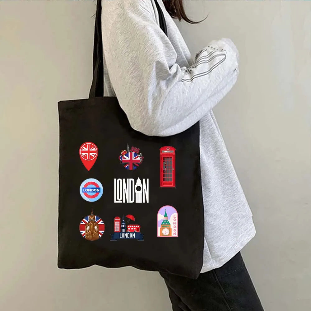 London Big Ben England Map Flag Canvas Tote Bag | UK City Landscape Skyline Shoulder Shopping Handbag (Women's Tourist Gift) Luxegan