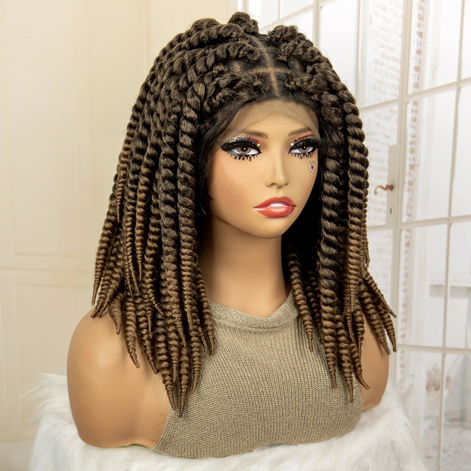 16 Inch Brown Twisted Braided Bob Wig | Full Lace | Kanekalon Fiber | For Black Women - Luxegan