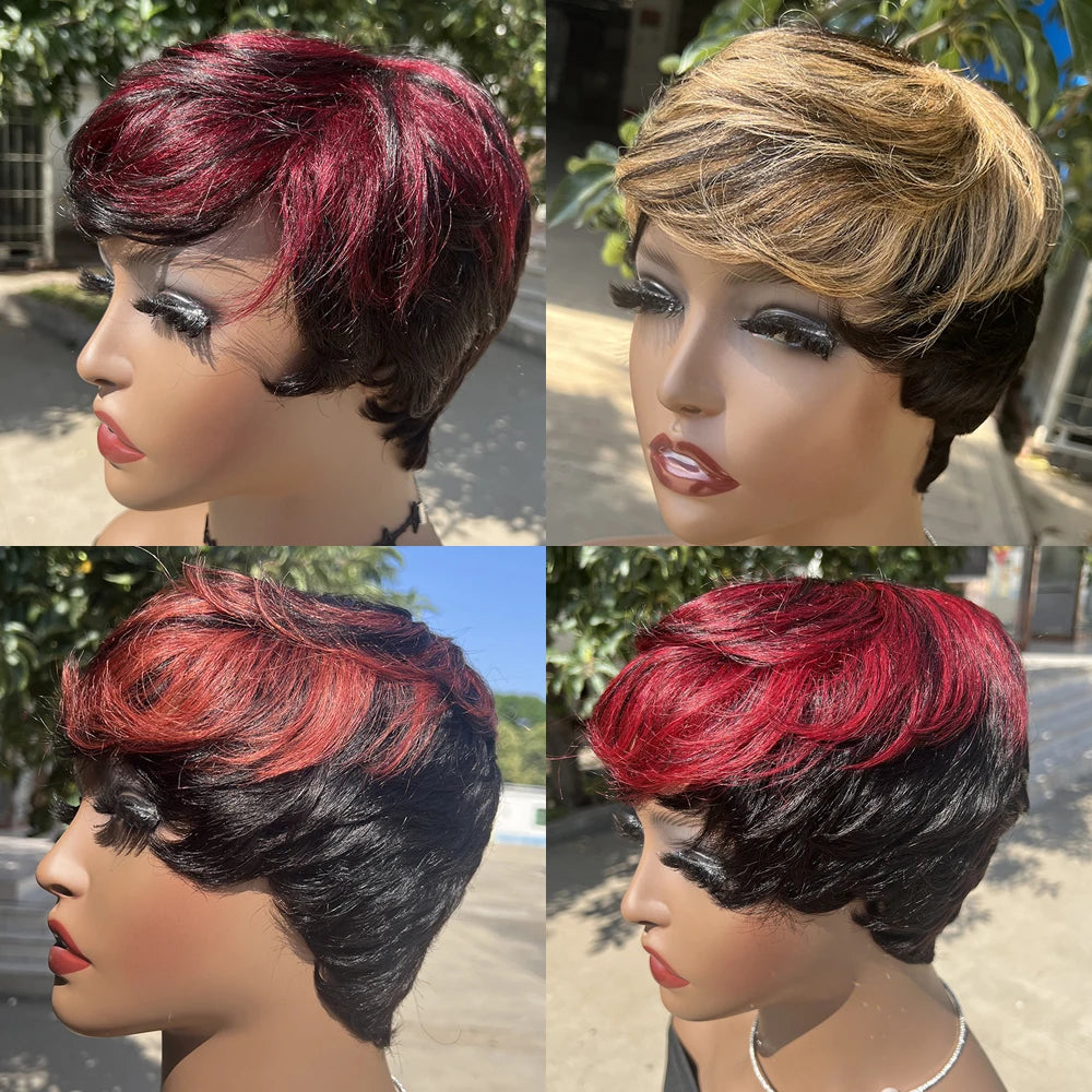 Short Pixie Cut Wig Human Hair | Machine Made Wig with Bangs | Brazilian Remy Hair | Pixie Wig for Black Women