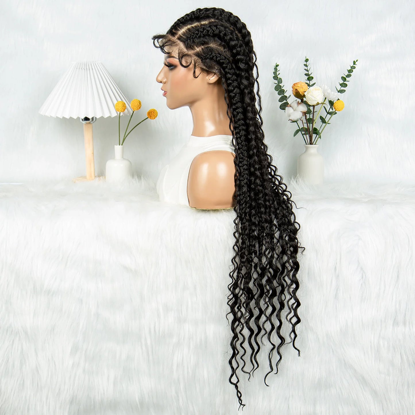 Cornrow Braided Wigs Synthetic Transparent Full Lace Wig With Baby Hair Braiding Wig Boho Cornrow Wig Curly End For Black Women