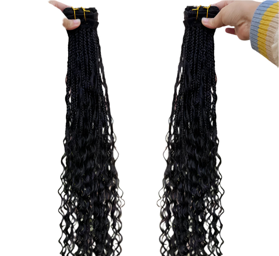 Boho Box Braids Crochet Human Hair Extensions | Curly Weave Bundles | Brazilian Hair | Natural Black | For Braiding & Styling Luxegan