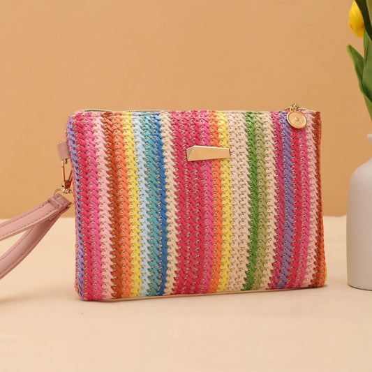 Colorful Rattan Knitting Beach Clutch | Fashion Straw Woven Wristlet Bag | Summer Vacation Money & Coin Purse | Versatile Rainbow Dinner Wallet Luxegan