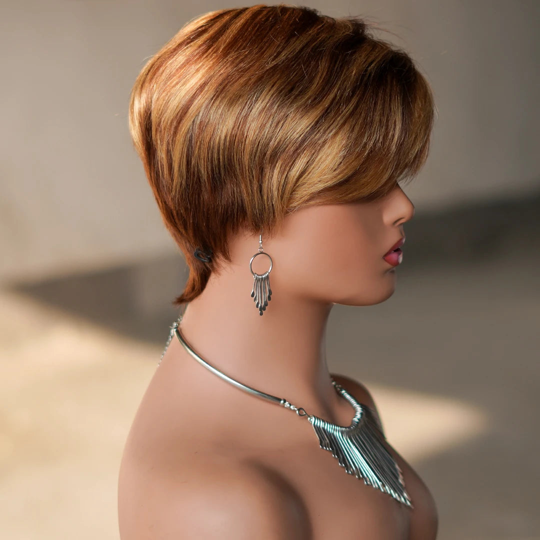 6 Inch Pixie Cut Human Hair Wig with Bangs | P4/27 Natural Highlight | Short Straight Remy Hair Luxegan