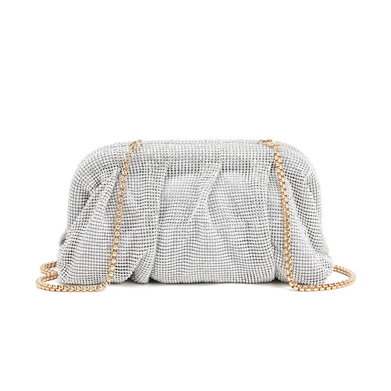 Shiny Ruched Rhinestone Evening Clutch | Designer Gradient Love Hearts Party Bag | Sparkling Diamond Encrusted Female Purse | Luxury Metallic Fashion Clutch for Weddings & Gala Events Luxegan