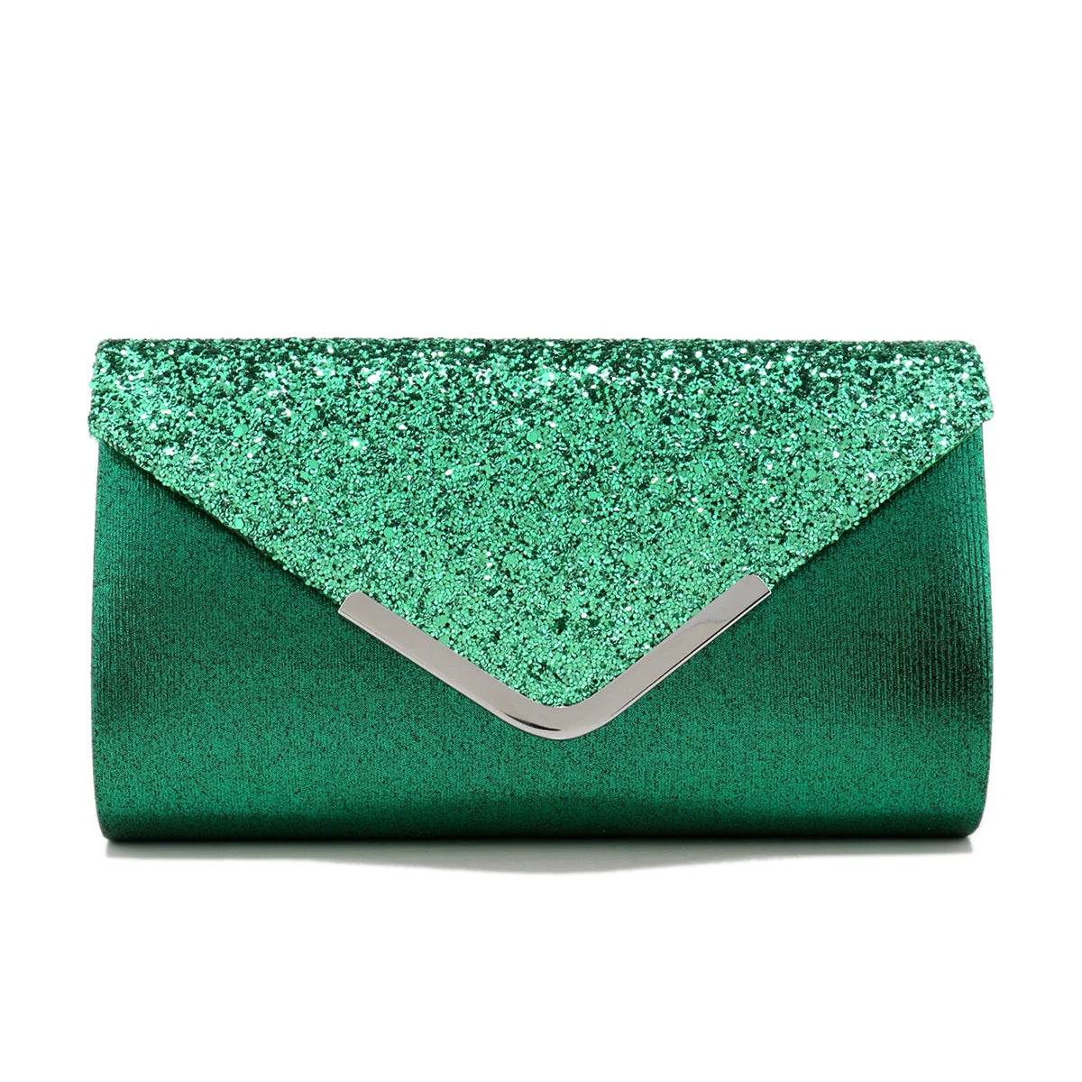 Sequined Envelope Clutch | Hard Silver V Design Metal Chain Evening Bag Luxegan