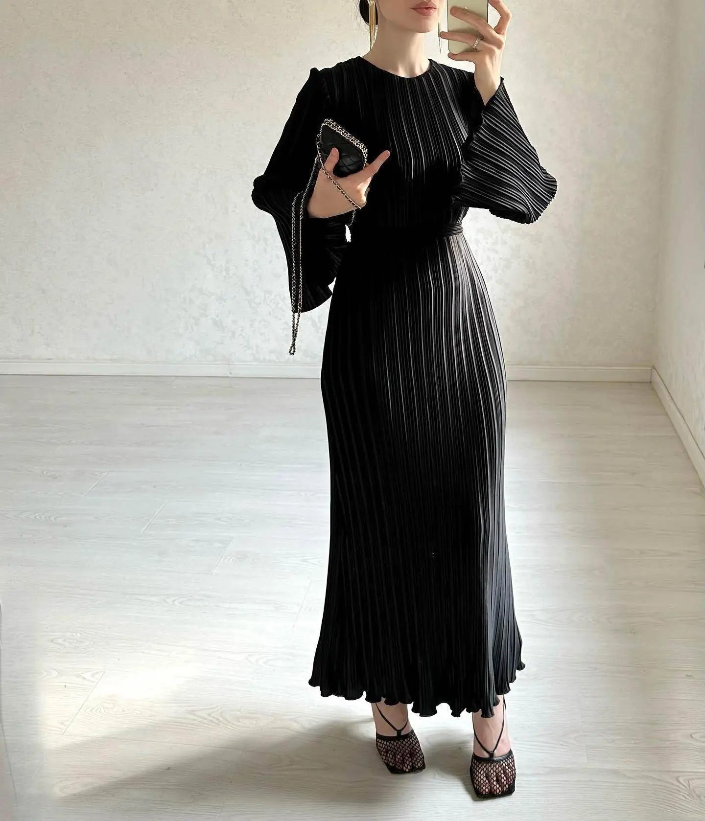 Straight Pleated Midi Gown | Sophisticated Long-Sleeve A-Line Dress | Elegant "Flared Sleeve" Silhouette | "Dignified" Polyester Fiber Skirt for Radiant Versatile Casual Styling Luxegan