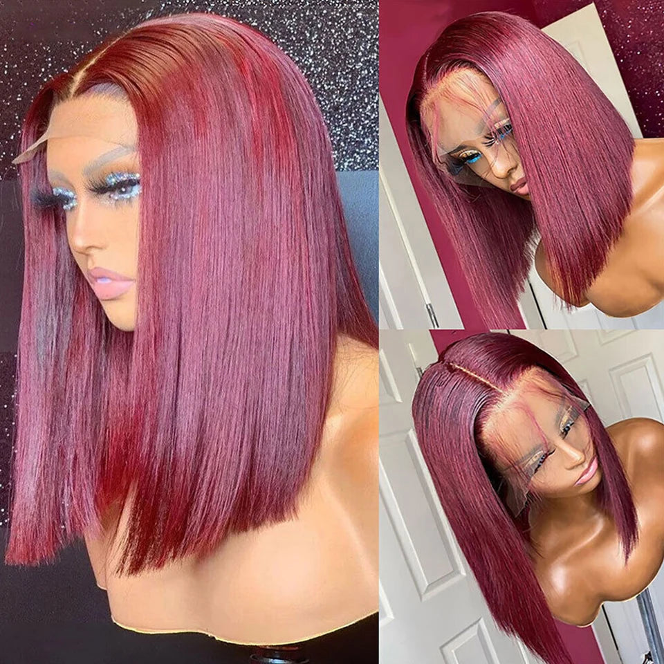 Burgundy HD Transparent Short Bob Wig | 99J Red Straight | 13x6x1 Lace Front Wig | Brazilian Remy Hair | Pre-Plucked