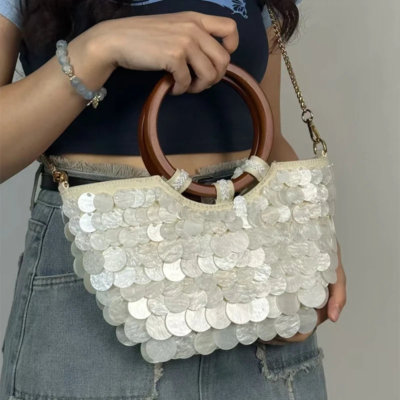 Fashion High-End Shell Bag | Niche Design Pearl Inlay Half-Moon Bag & Handmade Shell Beaded Handbag (New Versatile Crossbody) Luxegan