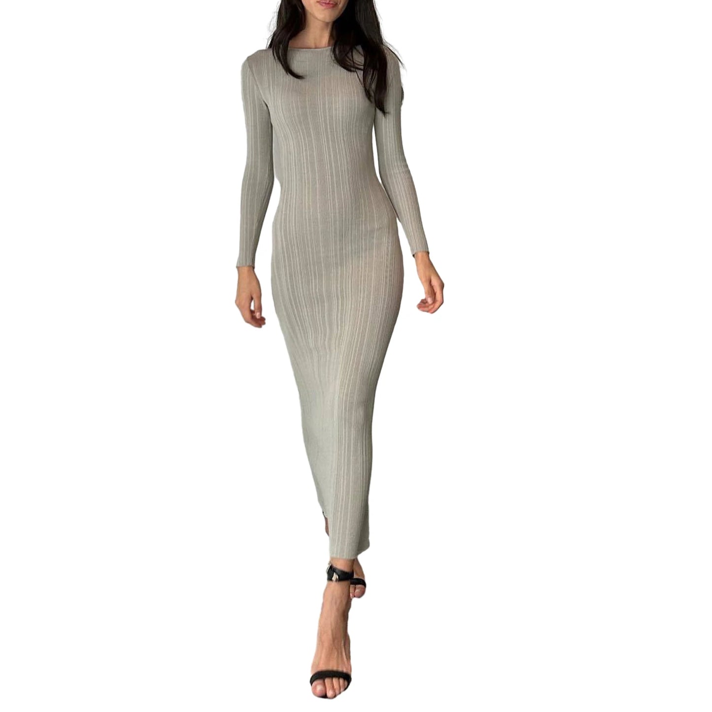 Solid Color Bodycon Knit Dress | Sophisticated Ribbed Slim Fit Ankle-Length Gown | Elegant "Full Sleeve" Silhouette | "Dignified" High-Stretch Pullover Dress for Radiant Versatile Autumn Styling Luxegan