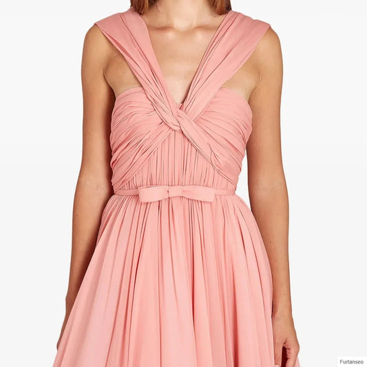 Pleat Bow Draped Backless V-Neck Sleeveless Ankle-Length A-Line Evening Gown - view 2