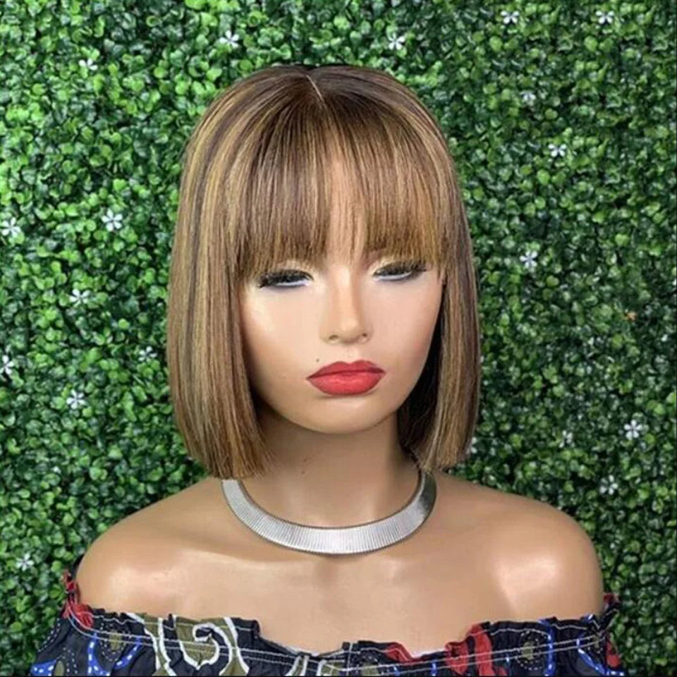 #27 Brown Straight Bob Wig with Bangs | Human Hair Lace Top & Realistic Scalp Luxegan