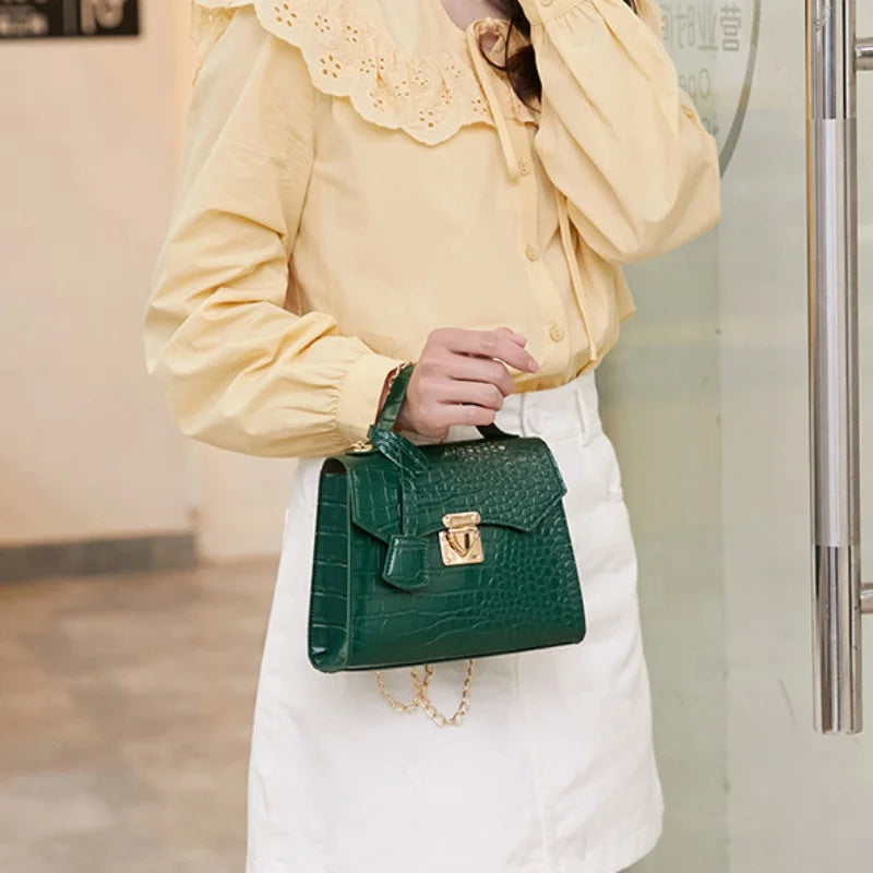 Soft PU Crocodile-Embossed Mini Satchel | Twist Lock Chain Detail Handbag Luxegan