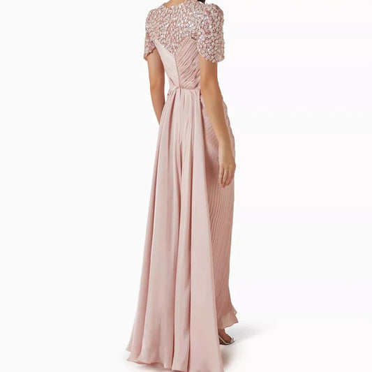 Sequined Stole Straight Evening Dress | V-Neck Sleeveless Floor-Length Draped Gown - view 2