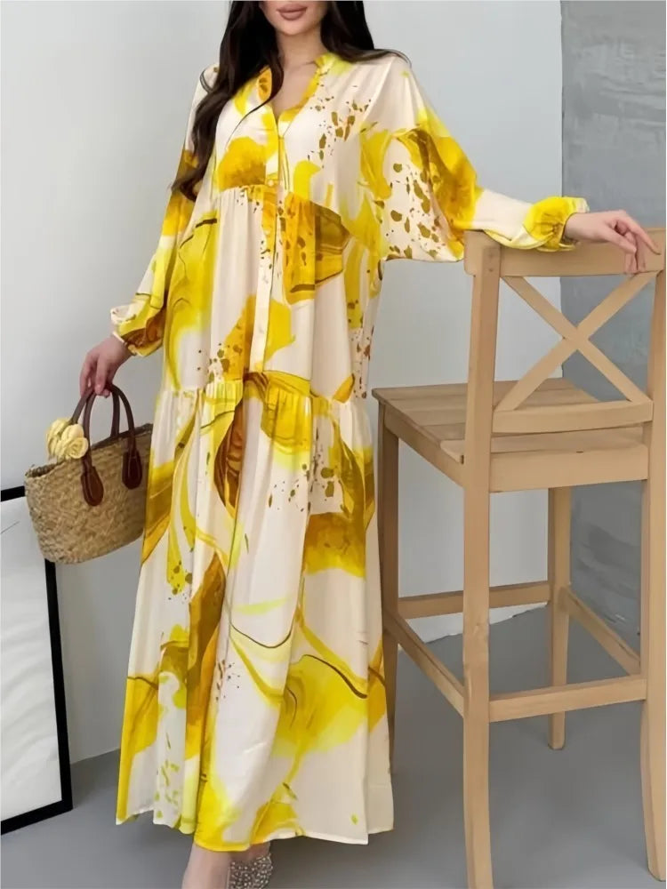 Women's Printed Loose Long Shirt Dress | Elegant Spliced Spring Autumn Long-Sleeved Gown | New Fashion Single-Breasted Office Lady Robe | Premium Tatting Slight Stretch A-Line Ankle-Length Dress Model SA-0725 Luxegan