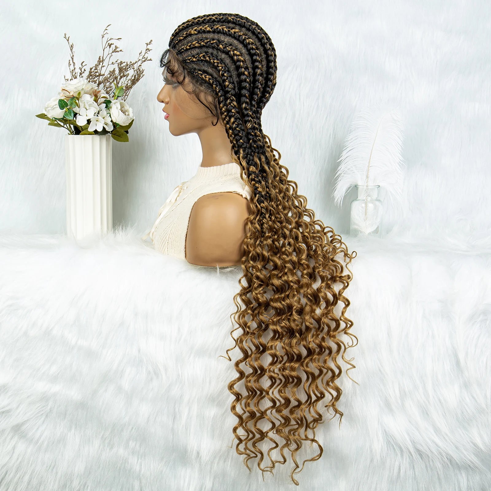 2024 KIMA Cornrow Water Wavy Braided Full Lace Wig with Baby Hair | Synthetic African Braid Lace Front Wig Luxegan