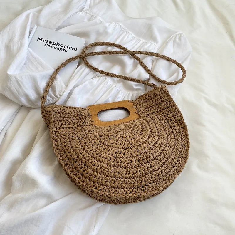Minimalist Bohemian Half-Moon Straw Tote | Soft Rattan Beach Handbag Luxegan