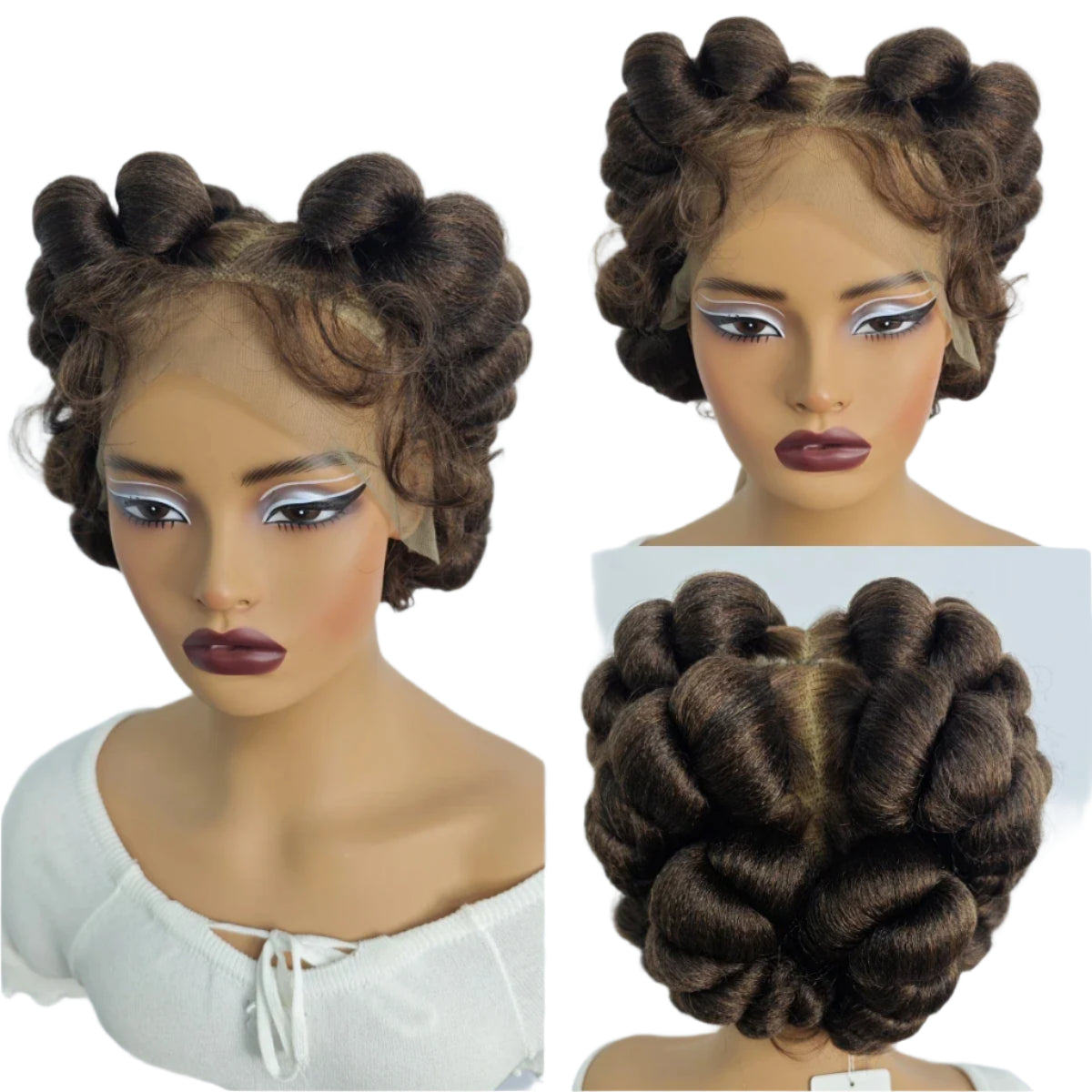 Short Cute Burgundy Bantu Knotless Braids Wig | Full Lace Handmade Luxegan