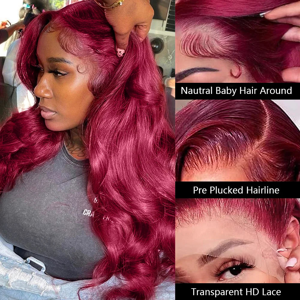 99J Burgundy Body Wave Lace Front Wig | HD Transparent Lace | 200% Density | 30-34 Inch Brazilian Hair