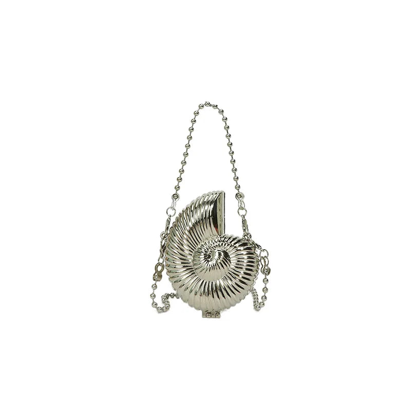 New Metal Mini Conch Bag for Women | Designer Luxury Frame Shoulder Bag | Fashionable Metallic Shell Makeup Bag | Unique Conch Crossbody & Lipstick Purse with Chain Luxegan