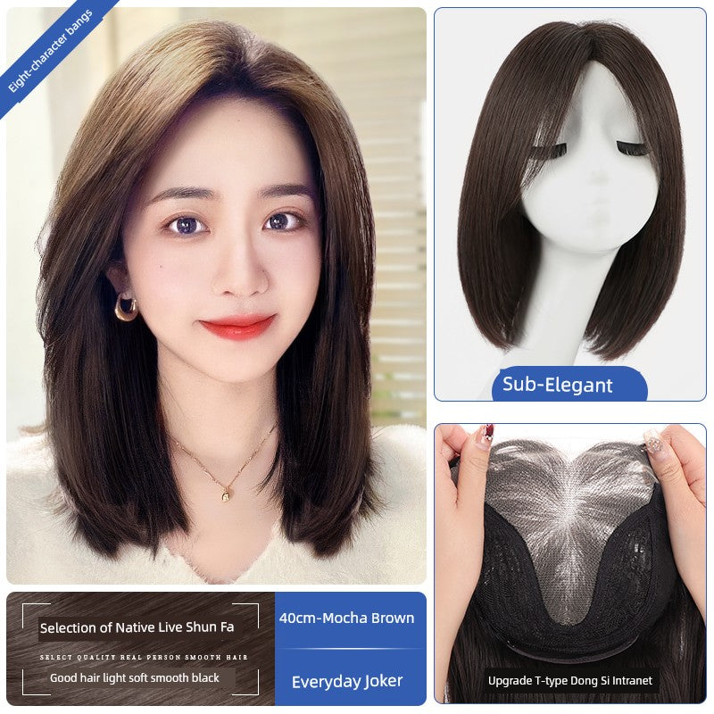 Natural Full-Head Human Hair Wig | Classy Collarbone Length Short Straight Wig with Oblique Bangs for Women (Sweet & Lovely, Elegant Style) Luxegan