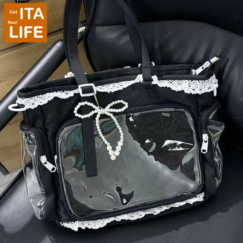 Italife New Women Cute Lace Ita Bag with Pearl Bow | Kawaii Large Tote with Insert for Pin Display | Comic Con Big Handbag Luxegan