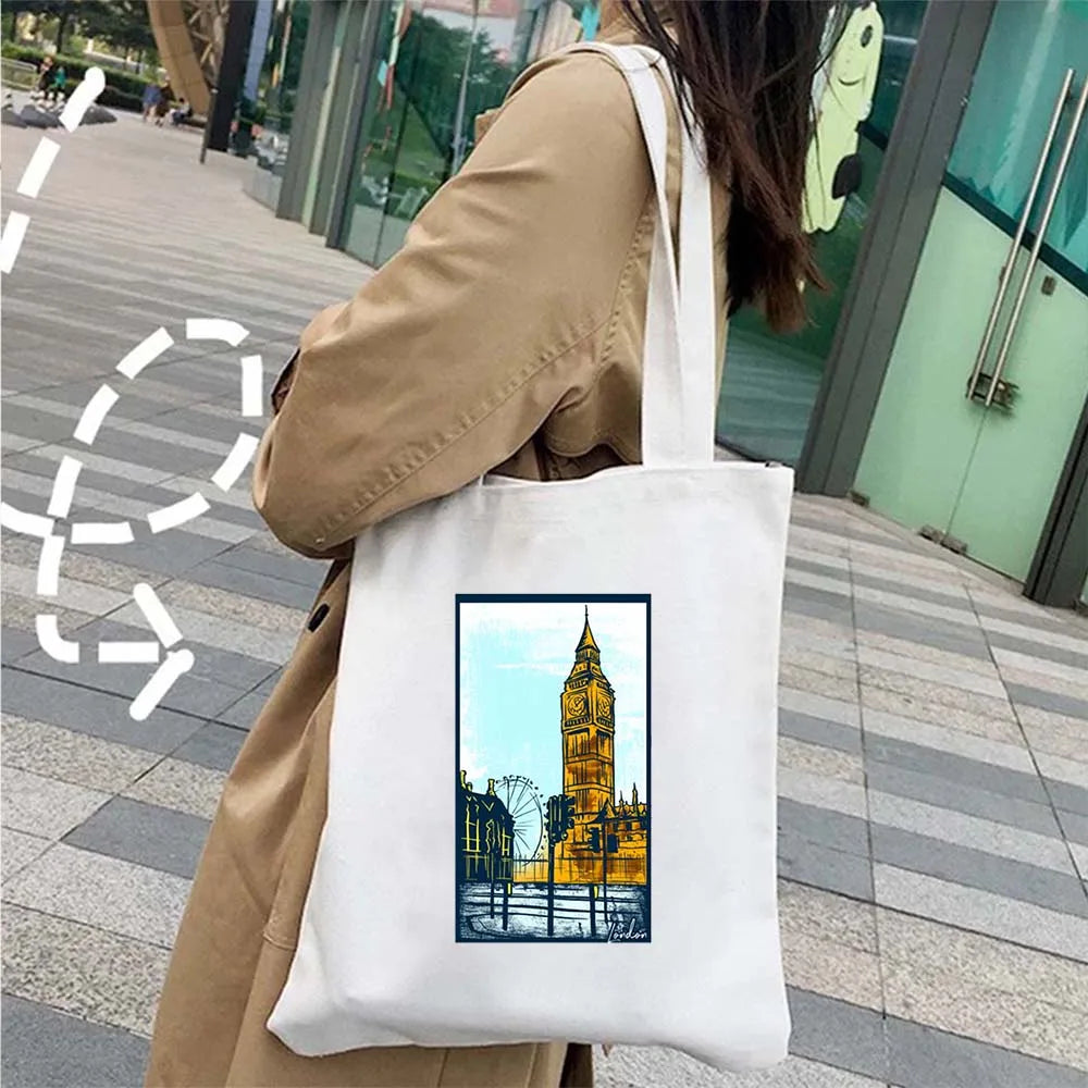London Big Ben England Map Flag Canvas Tote Bag | UK City Landscape Skyline Shoulder Shopping Handbag (Women's Tourist Gift) Luxegan