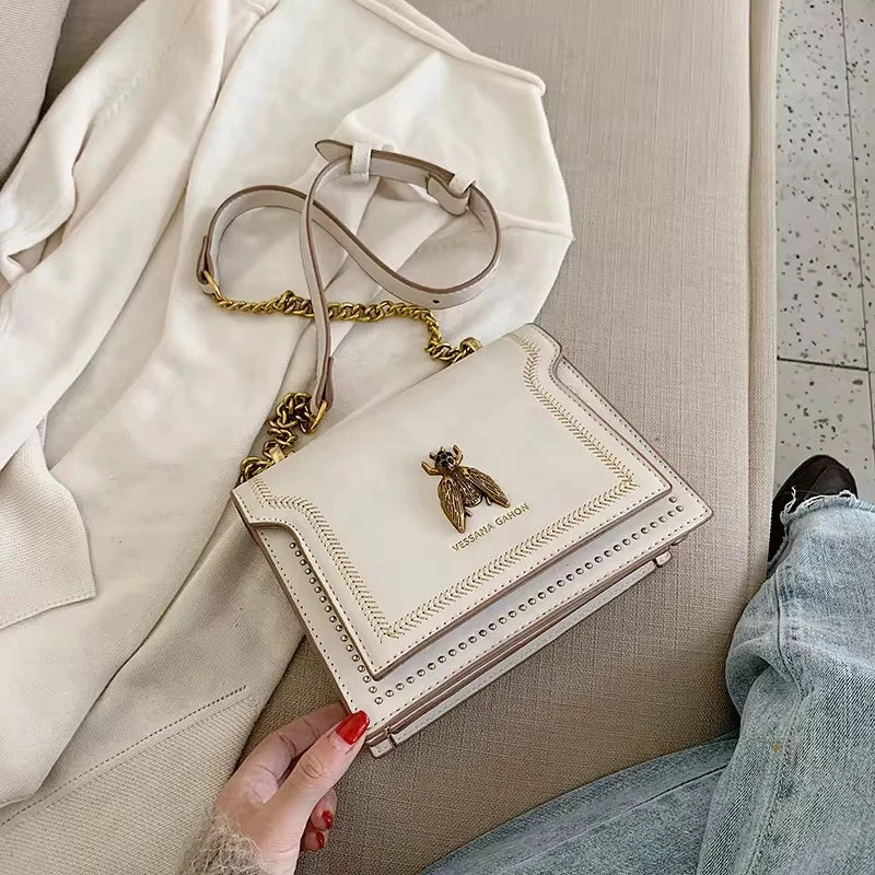 High-Quality Genuine Leather Square Handbag | Luxury Retro Bee Designer Crossbody Bag Luxegan