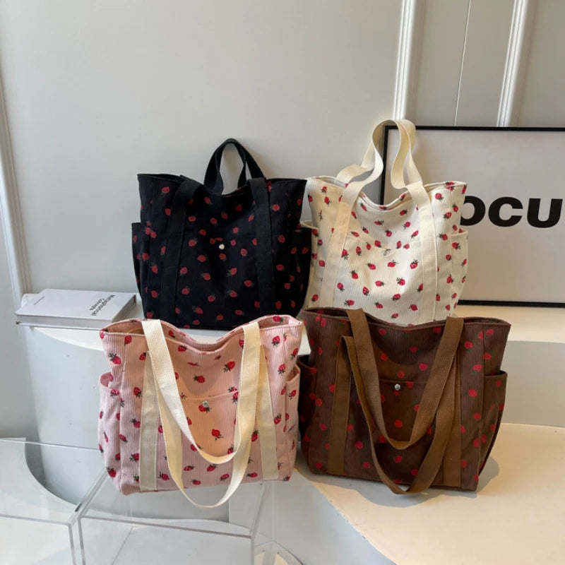 Corduroy Fruit Print Handbag | Sweet Girl Zippered Underarm Bag Luxegan