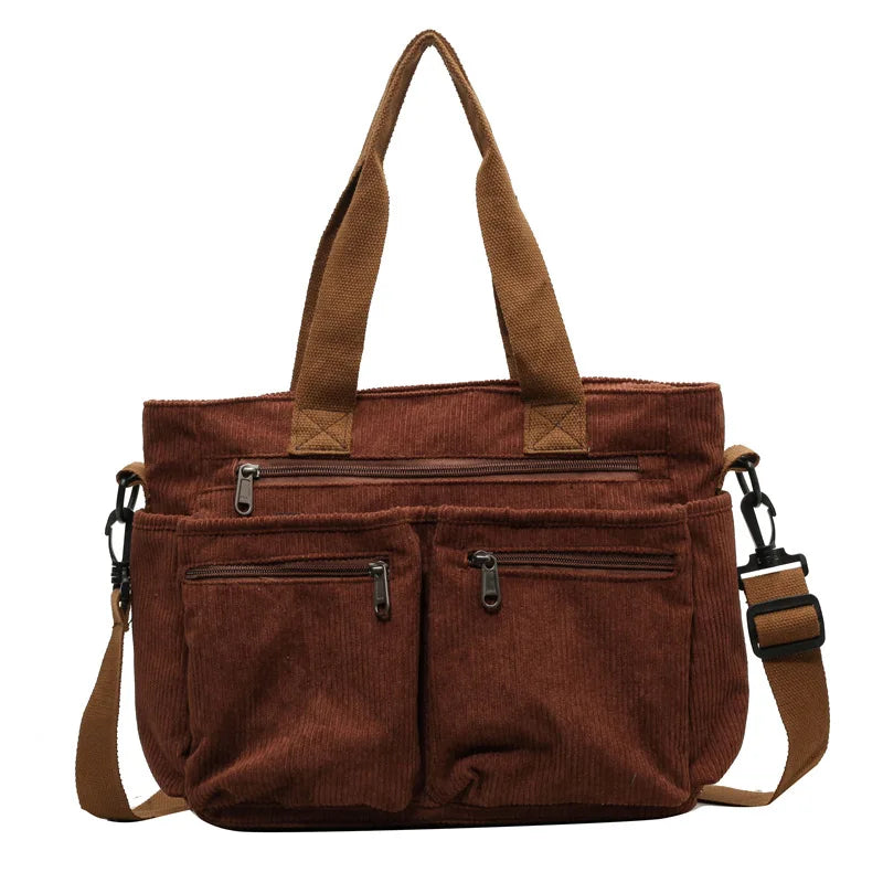 Female Large Capacity Corduroy Tote Bag | New Korean Style Fashion Women's Shoulder Crossbody Bag (Worker Commuter Handlebag)