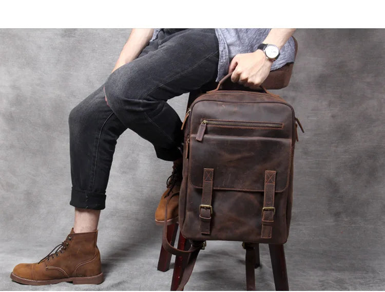 Vintage Crazy Horse Genuine Leather Backpack | Large Capacity Cowhide Travel Rucksack | 17-Inch Laptop Bag for Men & Hiking Backpack (Model M-815) Luxegan