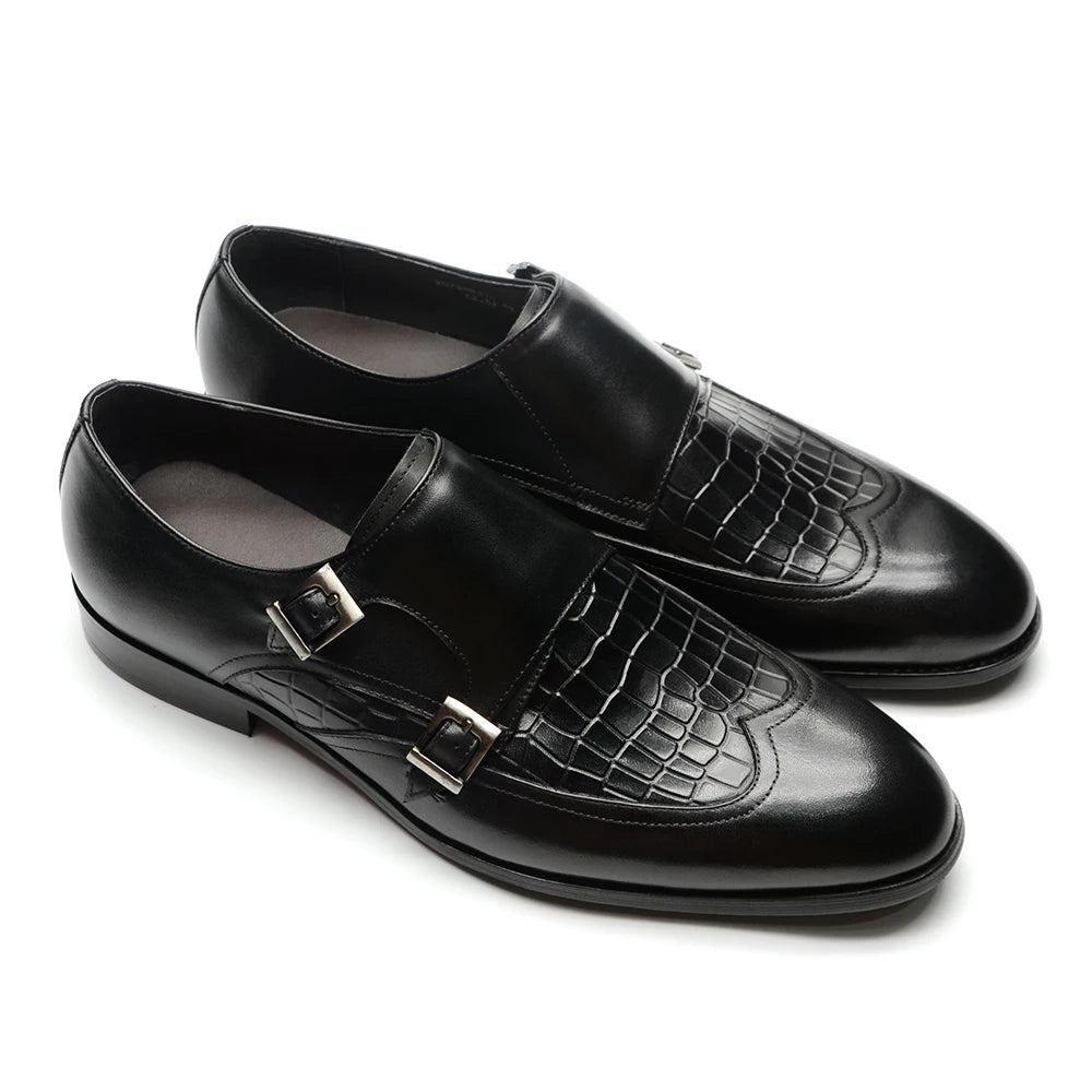 Elegant Men's Genuine Leather Monk Strap Shoes | Stone Pattern Print Double Buckle & Cap Toe (Business, Party, Social) Luxegan