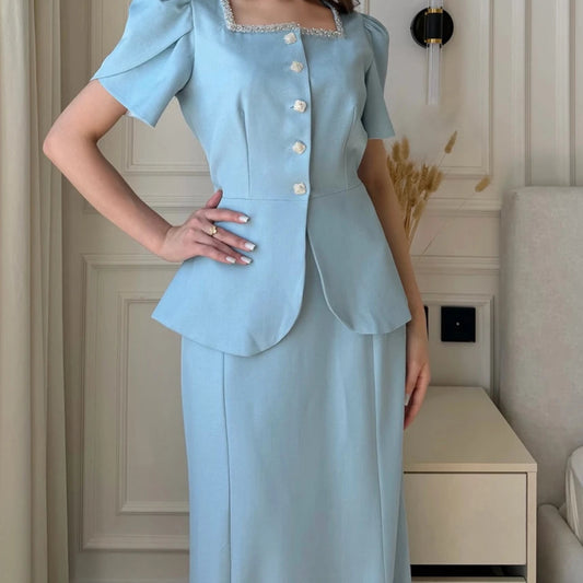 Sequined Button A-Line Prom Dress | Square Collar Short Sleeve Floor-Length Gown - view 2