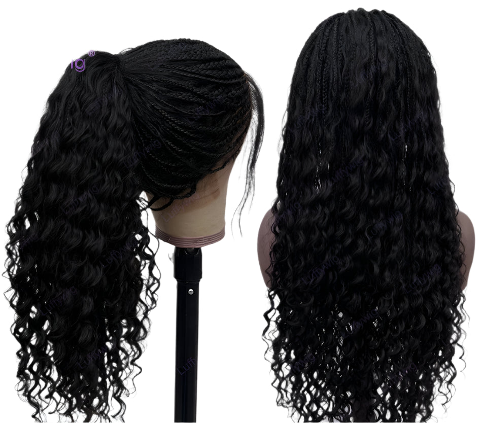 Long Braided Wigs | Knotless Cornrow Wig | HD Full Lace Wig | Human Hair | Boho Box Braids | Curly Braided Wig | Natural Black