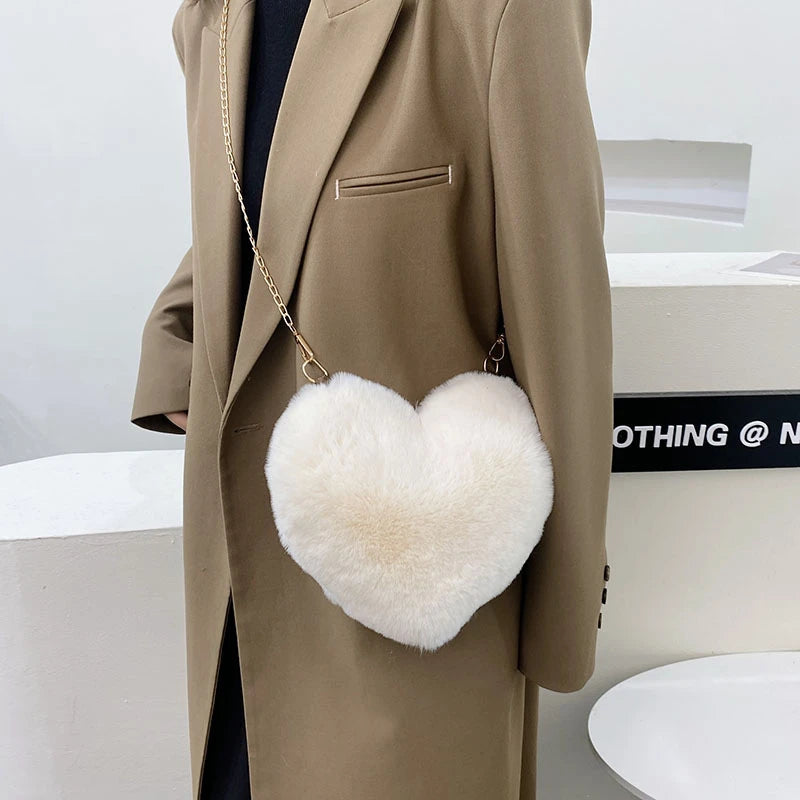 Corduroy Floral Casual Tote | Soft Cute Heart-Shaped Faux Fur Chain Shoulder Bag Luxegan