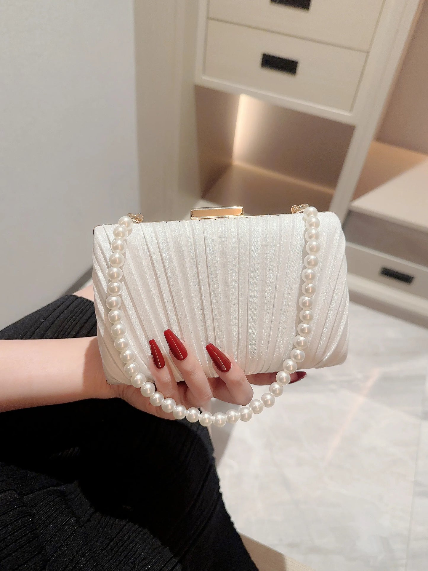 Ladies' Casual Pleated Satin Box Dinner Bag | Faux Pearl Handbag & Wedding Clutch Luxegan