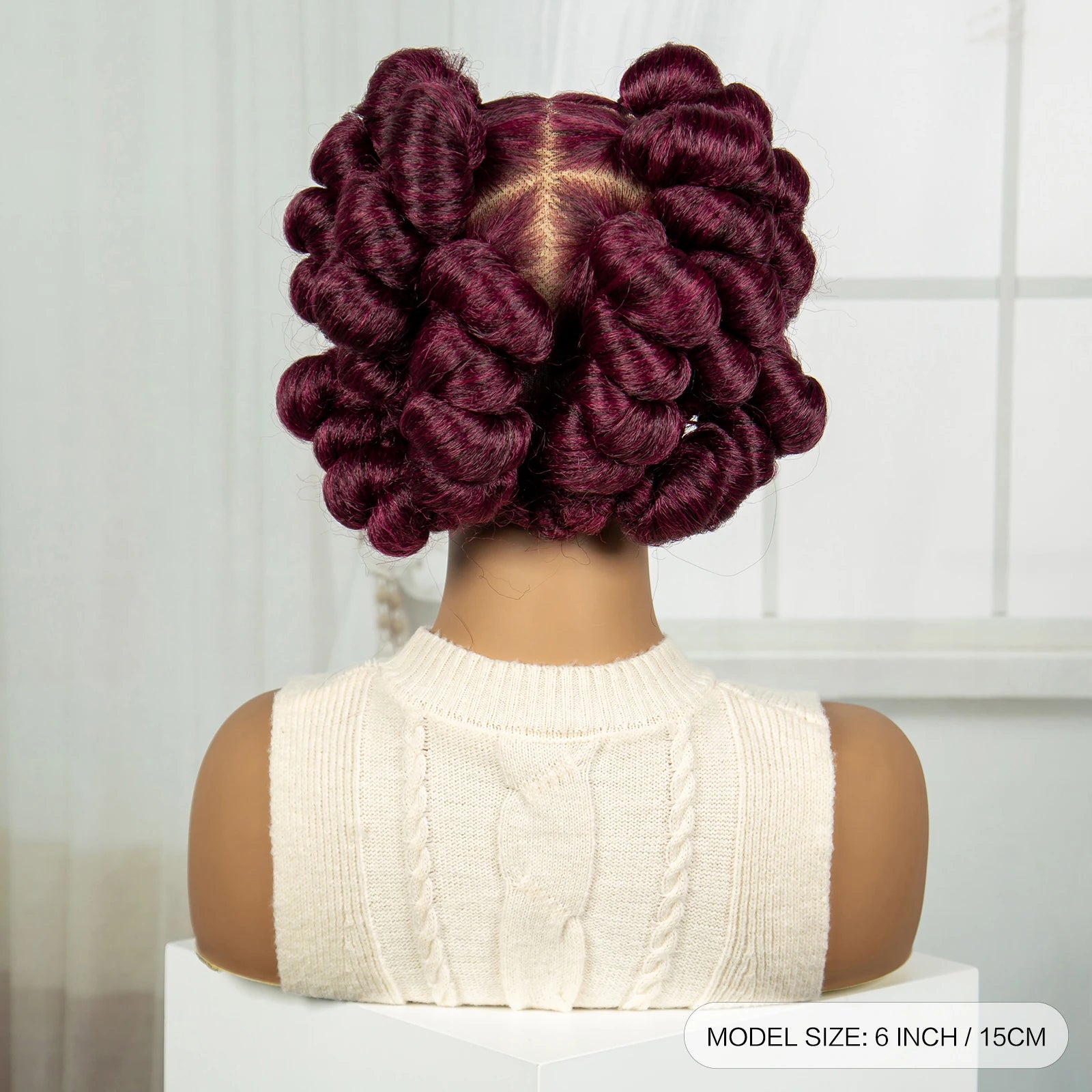 6" Short Cute Burgundy Bantu Knotless Braids Wig | Transparent Full Lace Luxegan