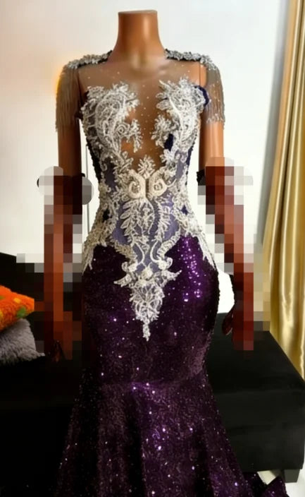 Royal Blue Luxury Crystal Beaded Mermaid Prom Dress | Exquisite Tassel Evening Gown with Matching Gloves | Sleeveless O-Neck Velour Formal Dress with Sweep Train Luxegan