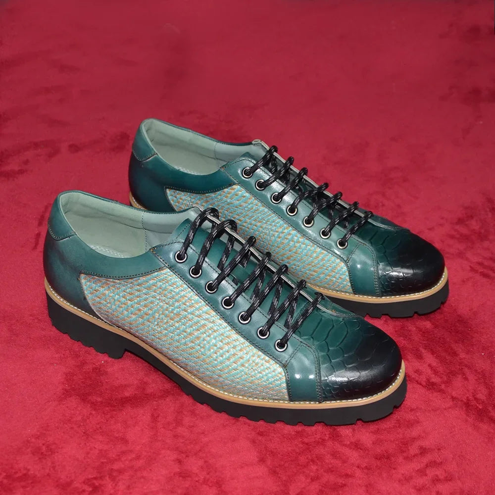 British Style Designer Men's Genuine Leather Derby Shoes | Duotone Hand-Painted Plaid Casual Sneakers (Height Increasing) Luxegan