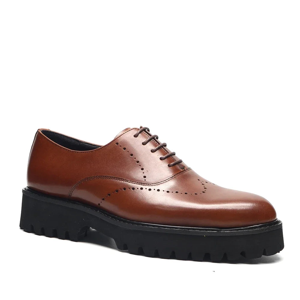 Luxury Men's Genuine Leather Platform Oxfords | Lightweight Black Sole Lace-Up Business & Casual Dress Shoes (Height Increasing) Luxegan
