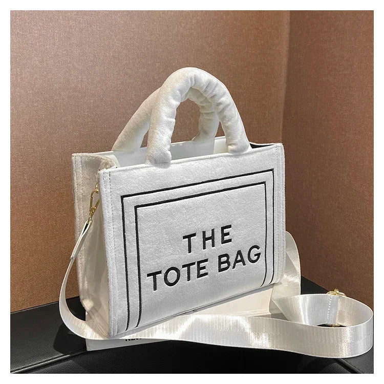 Khaki Velour Letter Print Tote Bag | Soft Medium Shoulder Shopper Luxegan