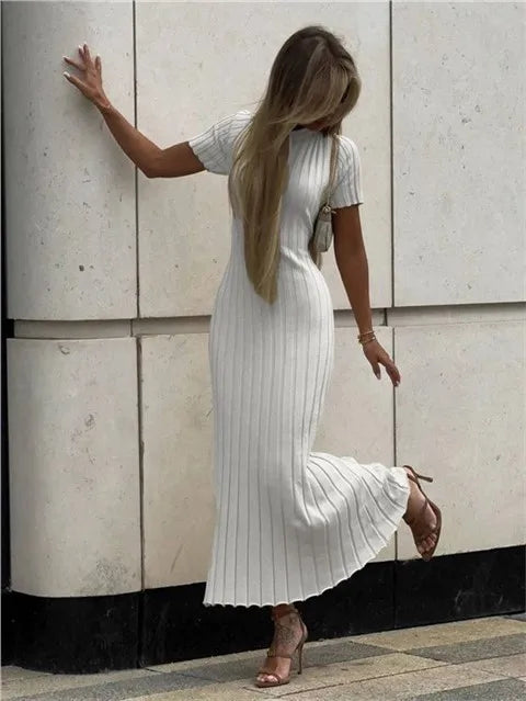 Summer Knitted Tight Maxi Dress | Sophisticated Medium Round Neck Silhouette | Elegant "High Waist" Commuter Long Skirt | "Dignified" Pure Color Knitwear for Radiant Versatile Styling Luxegan