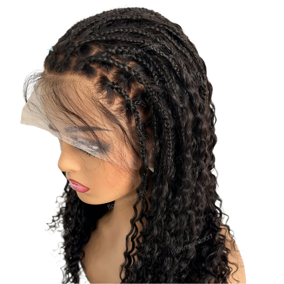26" 300% Density Knotless Boho Box Braids Wig | Human Hair Curly Ends | Full Lace | Pre-Plucked