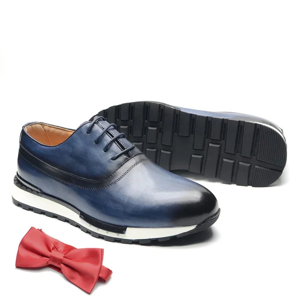 Luxury Classic Oxford Sneakers | Sophisticated Hand-Painted Genuine Cow Leather | Elegant "Dark-Blue & Purple" Lace-Up Male Footwear | "Dignified" Handmade Sheepskin Insole Shoes for Radiant Versatile Styling Luxegan